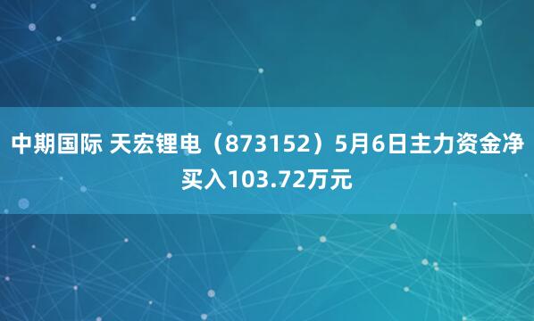 中期国际 天宏锂电（873152）5月6日主力资金净买入103.72万元
